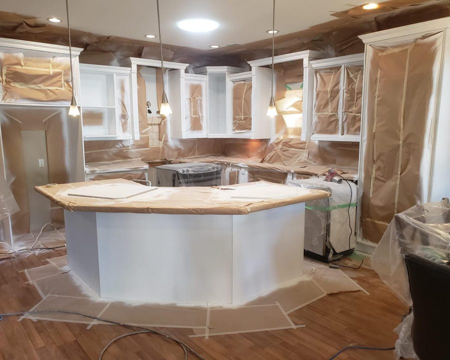 Kitchen prepared for cabinet resurfacing