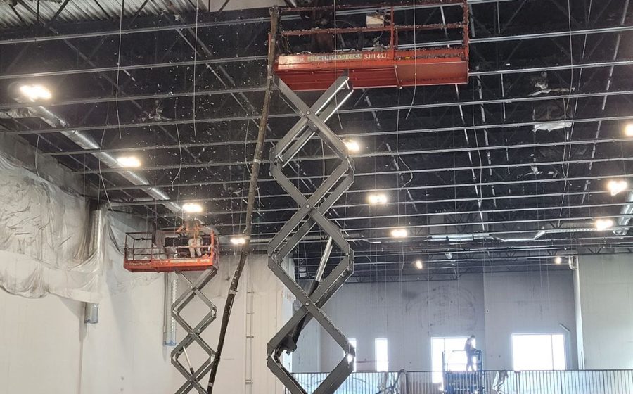 Commercial fire-spray insulation at ceiling level